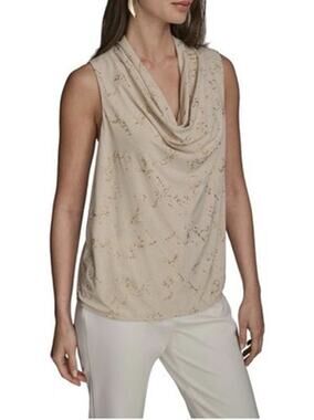 Donna Karan New York Metallic Cowl Neck Ruched Top Gold Sand Sleeveless Lined L⁠